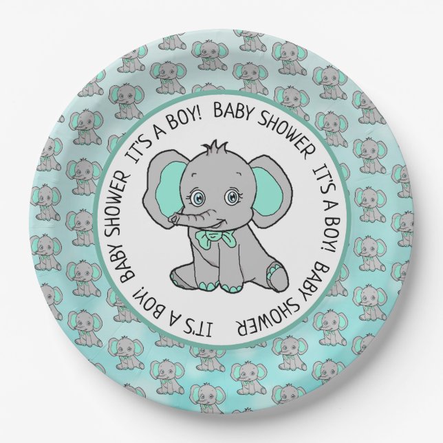 Teal and Grey Elephant Themed Baby Shower Paper Plate (Front)