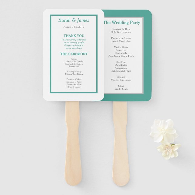 Teal and Grey Minimalist Wedding Program Hand Fan (Front and Back)