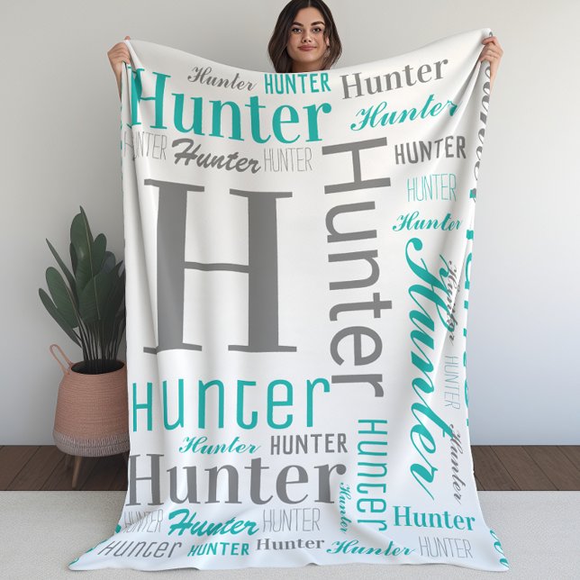 Teal and Grey Name and Monogram Cloud Word Art Fleece Blanket (Teal and Gray Name and Monogram Cloud Word Art Fleece Blanket)