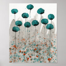 Teal and Grey Poppies, Watercolor Flowers Wall