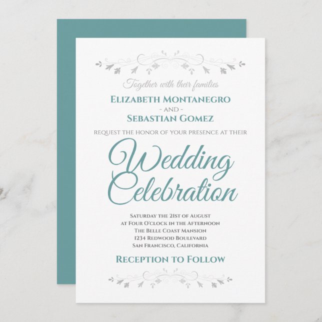 Teal and Grey Simple Elegant Wedding Invitation (Front/Back)