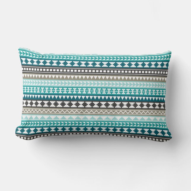 Teal and Grey Tribal Aztec Pattern Lumbar Cushion (Front)