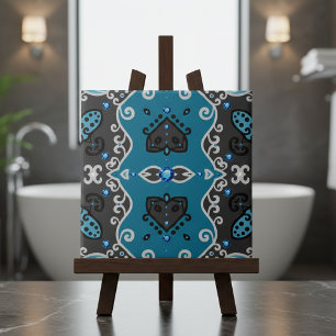 Teal and Grey Vintage Damask Rhinestones Pattern Ceramic Tile