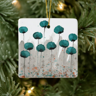 Teal and Grey Watercolor Flowers Ceramic Ornament