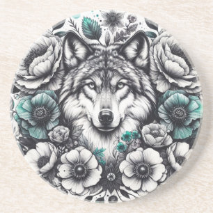 Teal and Grey Wolf with Flowers Sandstone Coaster