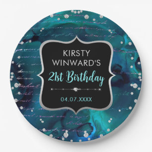 Teal and Iridescent Glitter Letters Birthday Paper Plate