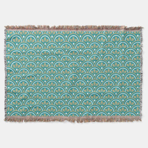 Teal And Khaki Floral Art Deco Pattern Throw Blanket