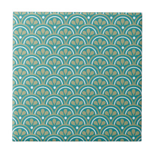 Teal And Khaki  Floral Art Deco Pattern Tile