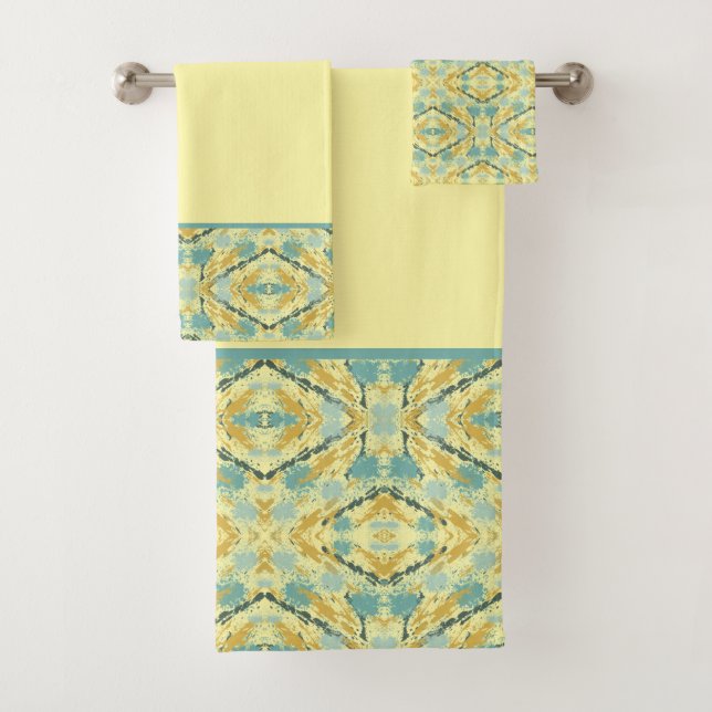 Teal and Lemon Pattern Bath Towel Set (Insitu)