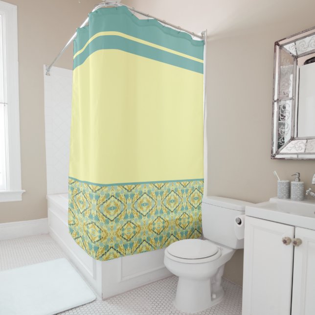 Teal and Lemon Pattern Shower Curtain (In Situ)