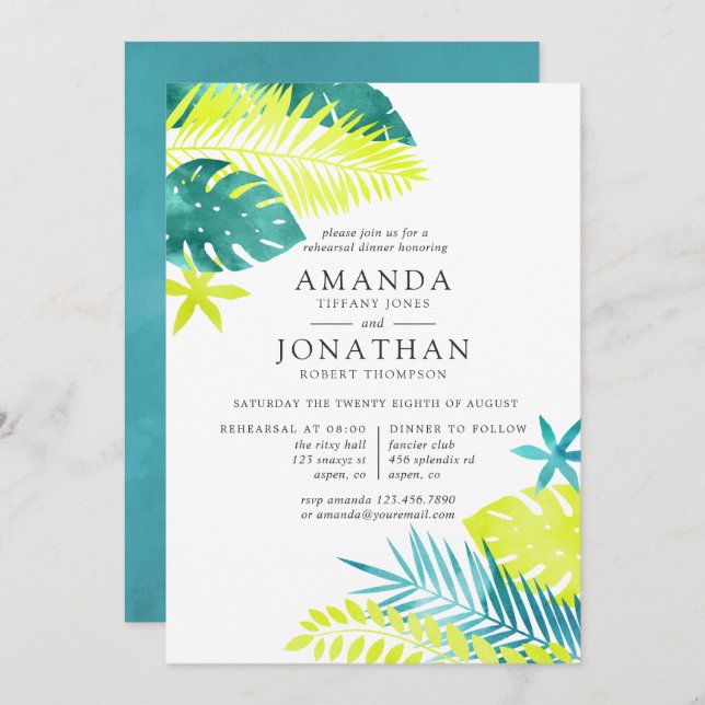 Teal and Lemon Tropical Rehearsal Dinner invite (Front/Back)