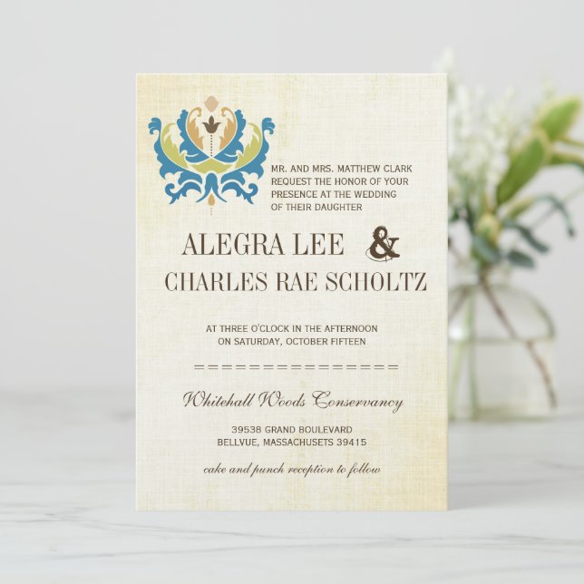 Teal and Lime Damask Modern Chalkboard Invitation (Standing Front)