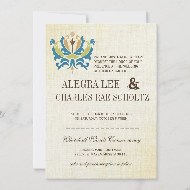 Teal and Lime Damask Modern Chalkboard Invitation (Front)