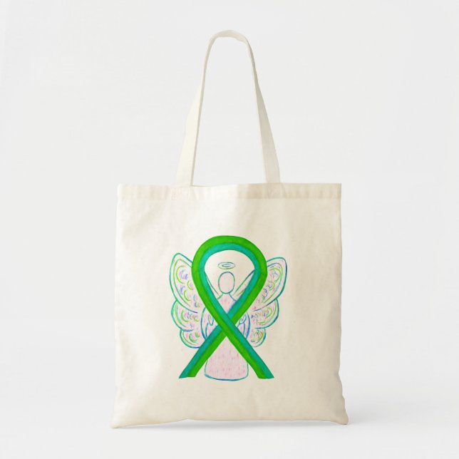 Teal and Lime Green Awareness Ribbon Tote Bag (Front)