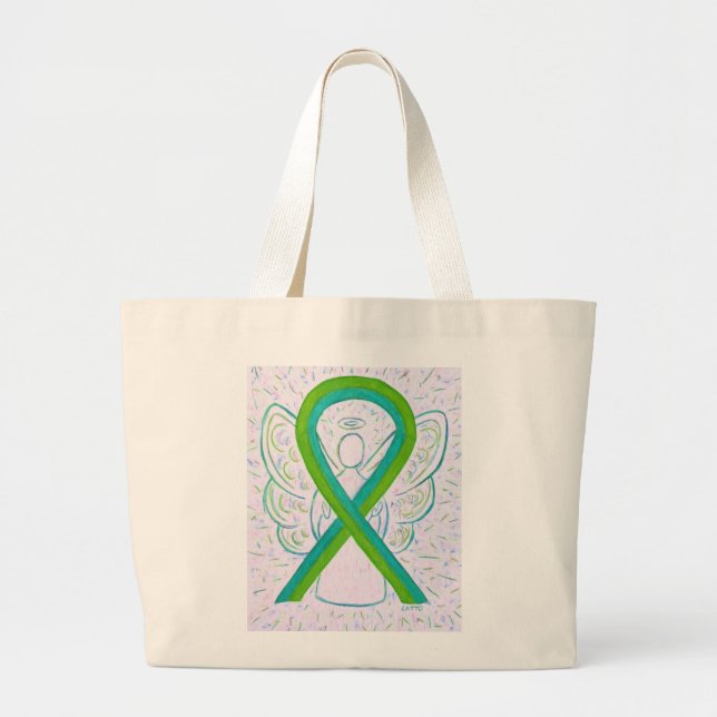 Teal and Lime Green Awareness Ribbon Tote Bag (Front)