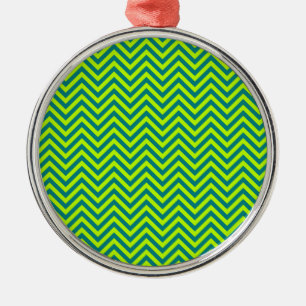 Teal And Lime Green Chevron Pattern Metal Ornament