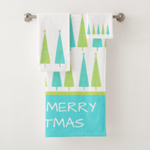 Teal and Lime Green Christmas Trees Personalized Bath Towel Set