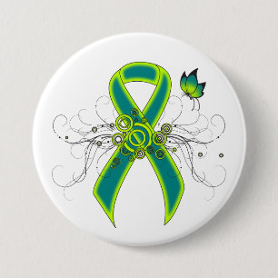 Teal and Lime Green Ribbon with Butterfly 7.5 Cm Round Badge