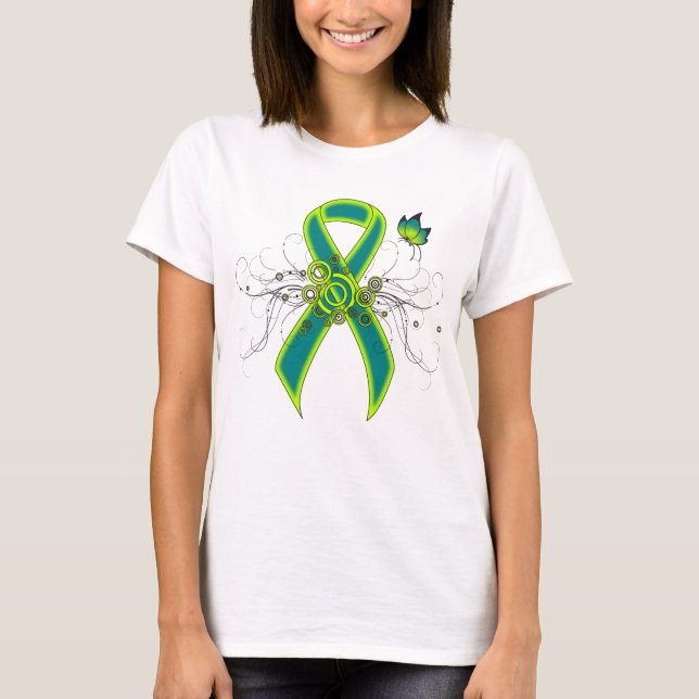 Teal and Lime Green Ribbon with Butterfly T-Shirt (Front)