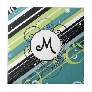 Teal and Lime Modern-Retro Stripes with Monogram Ceramic Tile