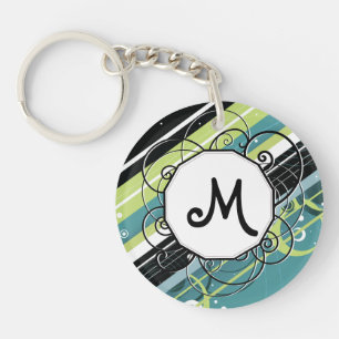 Teal and Lime Modern-Retro Stripes with Monogram Key Ring
