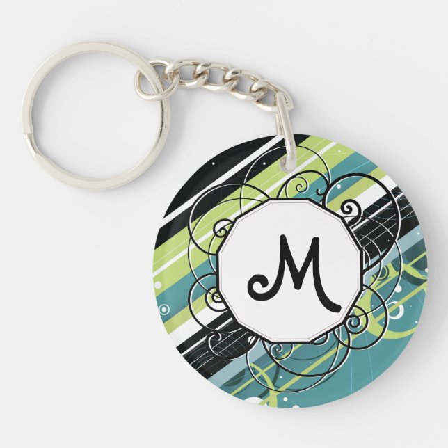 Teal and Lime Modern-Retro Stripes with Monogram Key Ring (Front)
