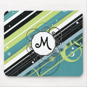 Teal and Lime Modern-Retro Stripes with Monogram Mouse Pad