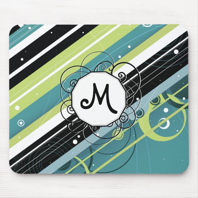 Teal and Lime Modern-Retro Stripes with Monogram Mouse Pad (Front)