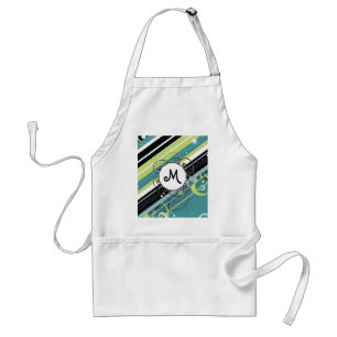 Teal and Lime Modern-Retro Stripes with Monogram Standard Apron