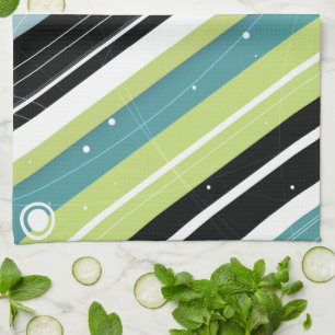Teal and Lime Modern-Retro Stripes with Monogram Tea Towel