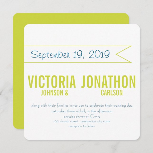 Teal and Lime Modern Typography Wedding Invitation (Front/Back)