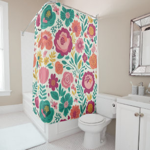 Teal and Magenta Folk Floral Shower Curtain