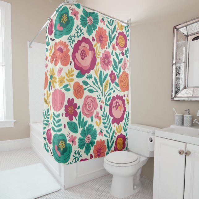 Teal and Magenta Folk Floral Shower Curtain (In Situ)