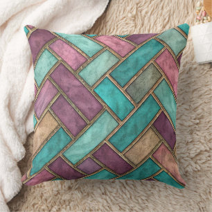 Teal and Mauve Herringbone Tile Pattern - Brick Cushion