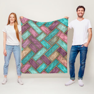 Teal and Mauve Herringbone Tile Pattern - Brick Fleece Blanket