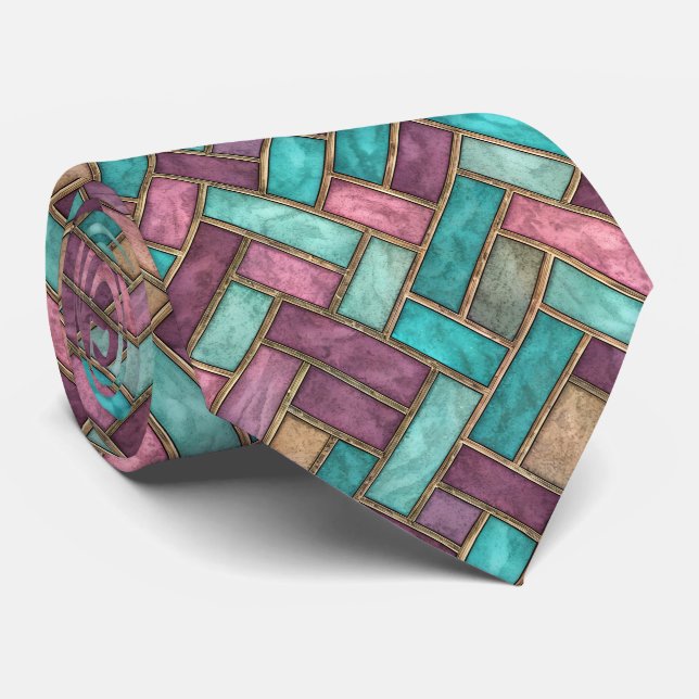 Teal and Mauve Herringbone Tile Pattern - Brick Tie (Rolled)
