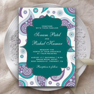 Teal and Mauve Paisley Pattern Indian Wedding Invitation