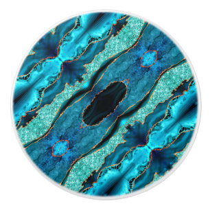 Teal and Navy Blue Gold Marble Ceramic Knob