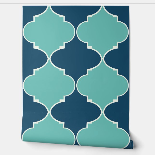 Teal and navy blue moroccan pattern wallpaper (Unrolling)