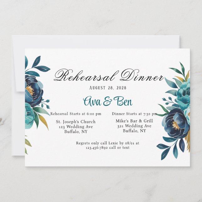 Teal and Navy Blue Peony Rehearsal Dinner Invitation (Front)