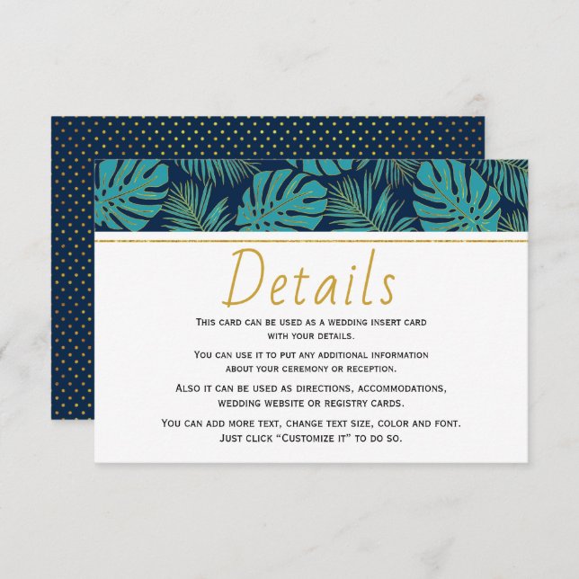Teal and navy blue tropical leaves wedding details enclosure card (Front/Back)
