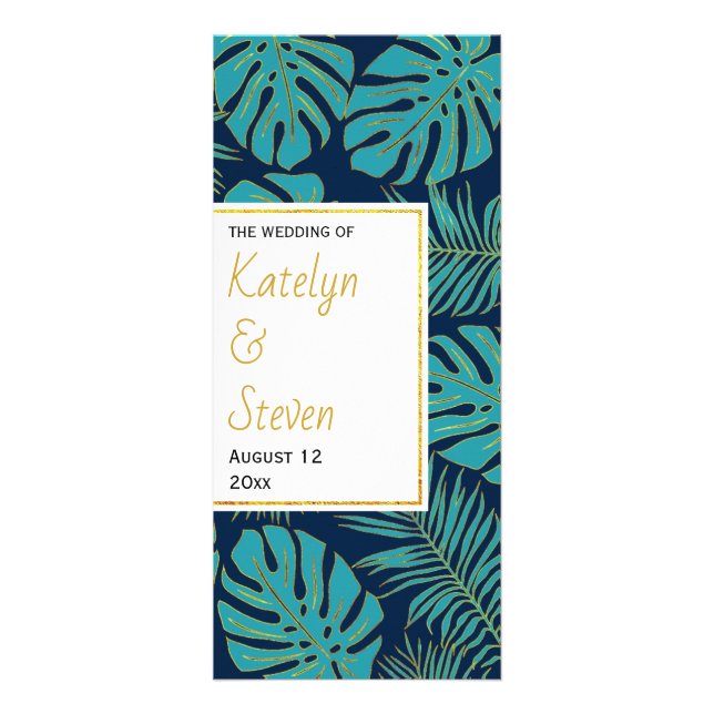 Teal and navy blue tropical leaves wedding program rack card (Front)