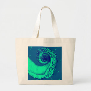 Teal and Navy Nautical Octopus Tentacle Large Tote Bag