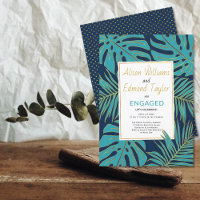 Teal and navy tropical leaves engagement party