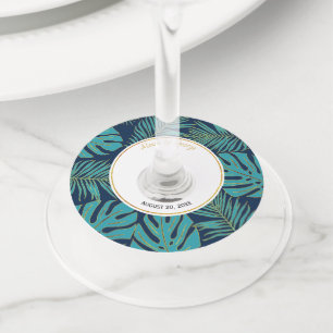 Teal and navy tropical leaves modern wedding wine glass tag