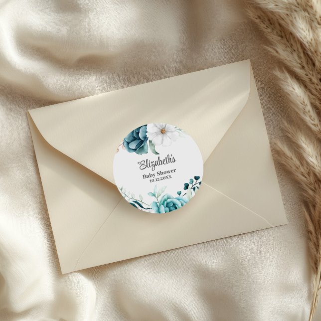 Teal and Off-White Baby Shower  Classic Round Sticker (Teal and Off-White Baby Shower Classic Round Sticker on an elegant envelope.)