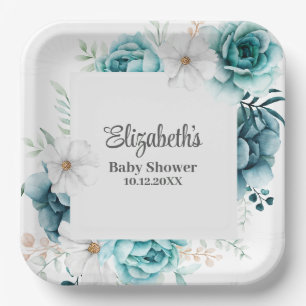 Teal and Off-White Baby Shower Paper Plate