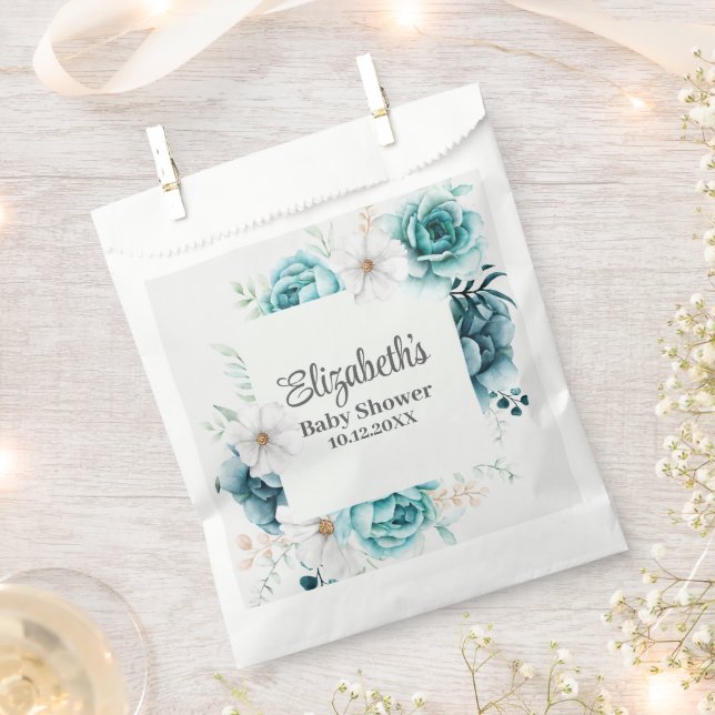 Teal and Off-White Floral Baby Shower Favour Bags (Clipped)