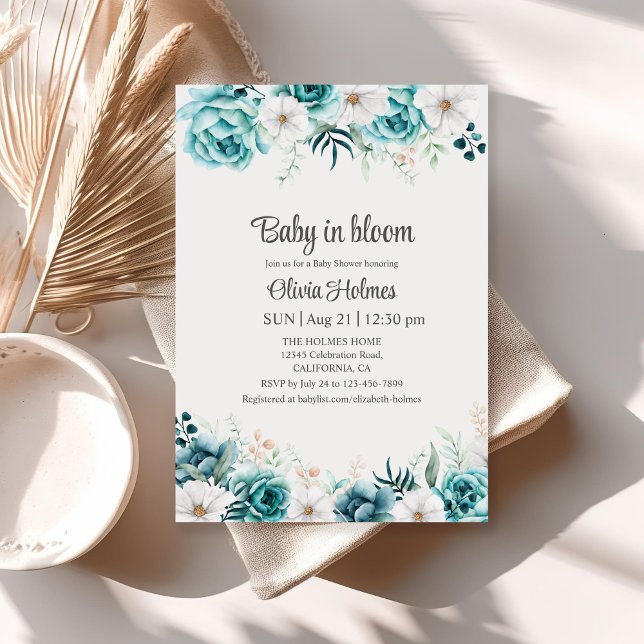 Teal and Off-White Floral Baby Shower Invitation (Teal and Off-White Floral Baby Shower Invitation on a neutral boho table.)