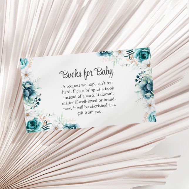 Teal and Off-White Wildflowers Books for Baby Enclosure Card (Teal and Off-White Wildflowers Books for Baby Enclosure Card on a sunny white dry palm leaf.)